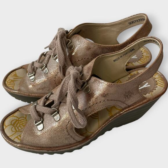 Fly London YLVA Sandals Wedge Leather Suede Gold Lace Up Size 38 US Size 8 - Picture 4 of 10